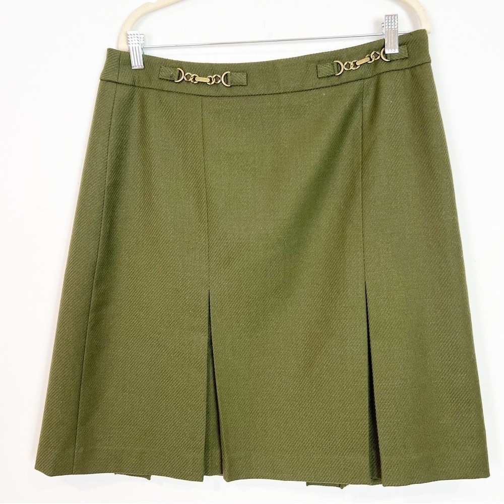 TALBOTS GREEN HERRINGBONE TWILL A-LINE SKIRT METAL CHAIN WAIST DETAIL WOMENS 12